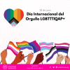 En la imagen se encuentra un corazón con la bandera LGBTTTIQ que incluye la bandera trans, debajo, se encuentran diversas banderas como la bandera lésbica, la bandera arcoiris, la bandera bisexual, la bandera trans, la bandera asexual y la bandera de género fluido. En el texto de la imagen dice "28 de junio, Día Internacional del Orgullo LGBTTTIQAP+"